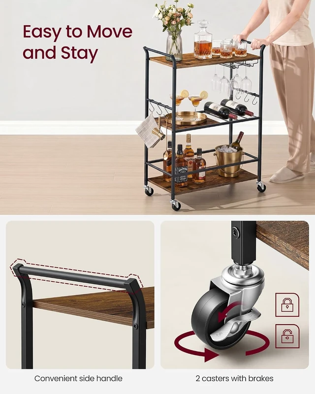 Alt view image 3 of 6 - Bar Cart with Wheels, Drink Cart with Wine Rack and Glass Holder