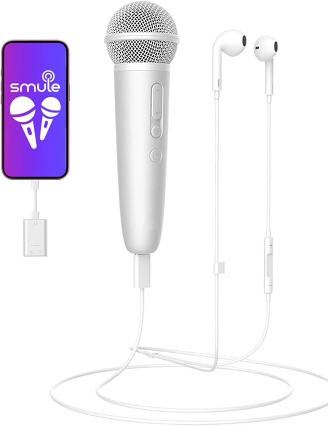 Main image of Singing Microphone with Earphone, Compatible with Smule & StarMaker, USB-C & Lightning, White