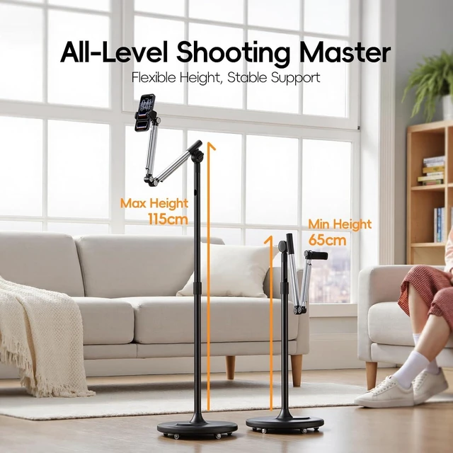 Alt view image 2 of 7 - Floor Phone Stand for Recording with Wheels and Weight Base, Free Rotation