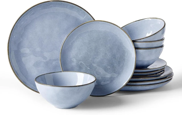 Main image of Ocean Round Stoneware Dinnerware Set for 4, Plates and Bowls, Blue