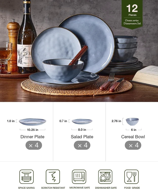 Alt view image 2 of 7 - Ocean Round Stoneware Dinnerware Set for 4, Plates and Bowls, Blue