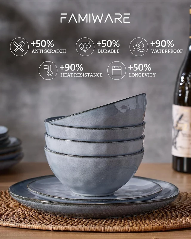 Alt view image 6 of 7 - Ocean Round Stoneware Dinnerware Set for 4, Plates and Bowls, Blue