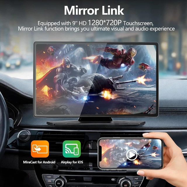 Alt view image 2 of 7 - 9" Wireless Carplay Screen for Car, Portable Wireless CarPlay with Car Play & Android Auto, OTA Updates, Backup Camera, GPS Navigation/Bluetooth 5.0/Mirror Link/Voice Control/AUX/FM
