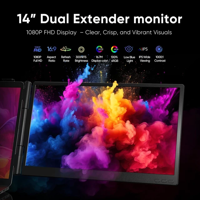 Alt view image 4 of 7 - Laptop Screen Extender, 14" FHD 1080P Dual Screen Monitor for Laptop Ultra-Light Portable Monitor with USB-C/HDMI, Plug & Play for Windows/Mac/Chrome/Android
