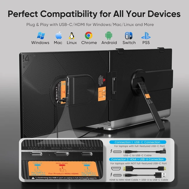 Alt view image 6 of 7 - Laptop Screen Extender, 14" FHD 1080P Dual Screen Monitor for Laptop Ultra-Light Portable Monitor with USB-C/HDMI, Plug & Play for Windows/Mac/Chrome/Android