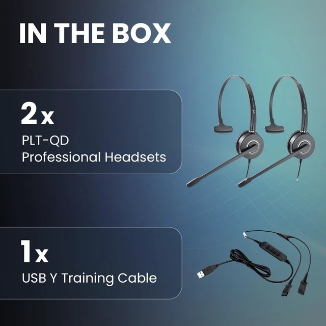 Alt view image 5 of 5 - 2 x PLT-QD Pro Headsets with Noise Cancelling Mic + 1 x USB Y Training Cable - Bundle for Supervising, Monitoring & Team Training (PC/Mac) (Mono)