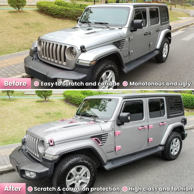 Alt view image 7 of 7 - 26PCS Full Set Exterior Decoration Trim Kit for Jeep Wrangler JL JLU 2018-2023 Door Hinge Handle Engine Hood Hinge Hood Latch Wheel Eyebrow Side Air Outlet Rear Tailgate Window Hinge Cover (Pink)