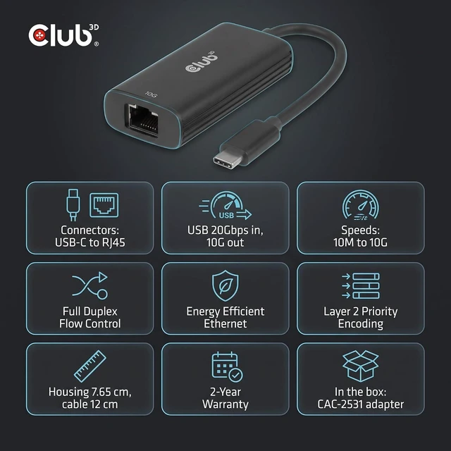 Alt view image 7 of 7 - CAC-2531 USB-C to RJ45 10G Ethernet Adapter M/F for Laptop
