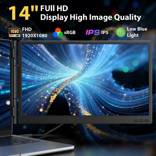 Alt view image 3 of 7 - 14'' Dual Laptop Screen Extender, 1080P FHD Laptop Extended Monitor Portable with Speaker, Plug-Play Second Monitor for 13-16'' Laptops, Work with Mac, Window, Chrome