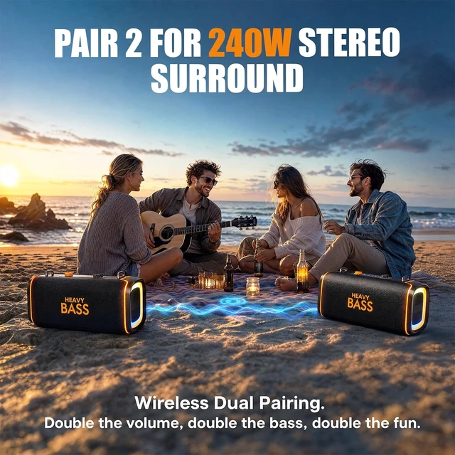 Alt view image 5 of 7 - Portable Bluetooth Speaker, 120W Peak Wireless Speaker, 28-Hour Playtime, Adjustable Treble & Bass, Loud Stereo Sound for Outdoor Use