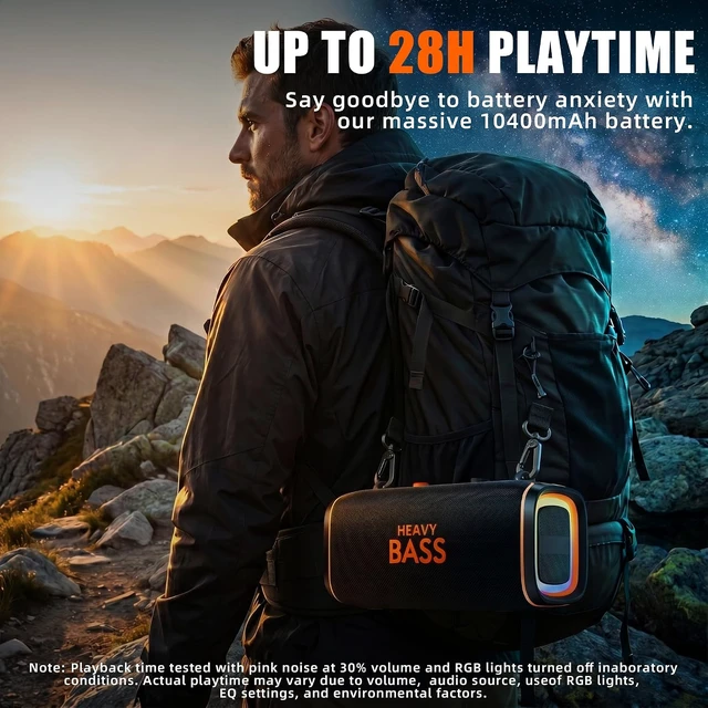 Alt view image 7 of 7 - Portable Bluetooth Speaker, 120W Peak Wireless Speaker, 28-Hour Playtime, Adjustable Treble & Bass, Loud Stereo Sound for Outdoor Use