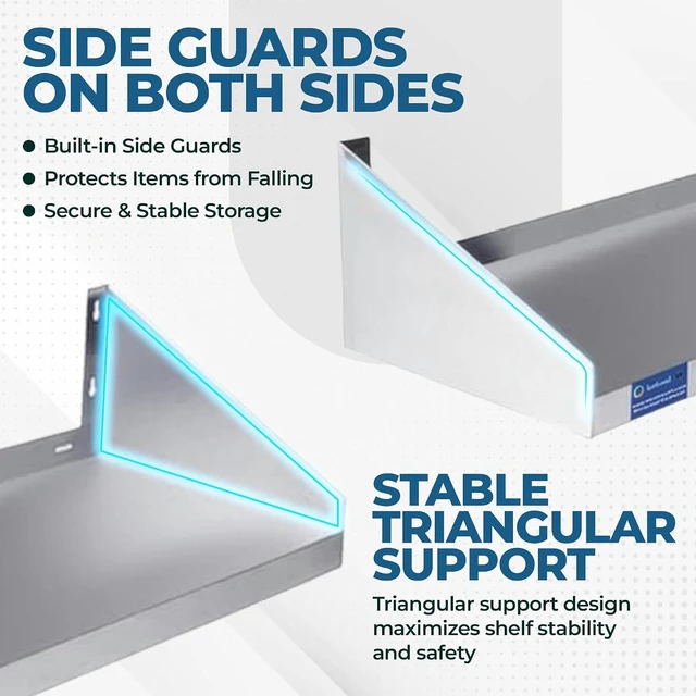 Alt view image 4 of 6 - 48" x 12" Stainless Steel Wall Shelf with Side Guards, NSF