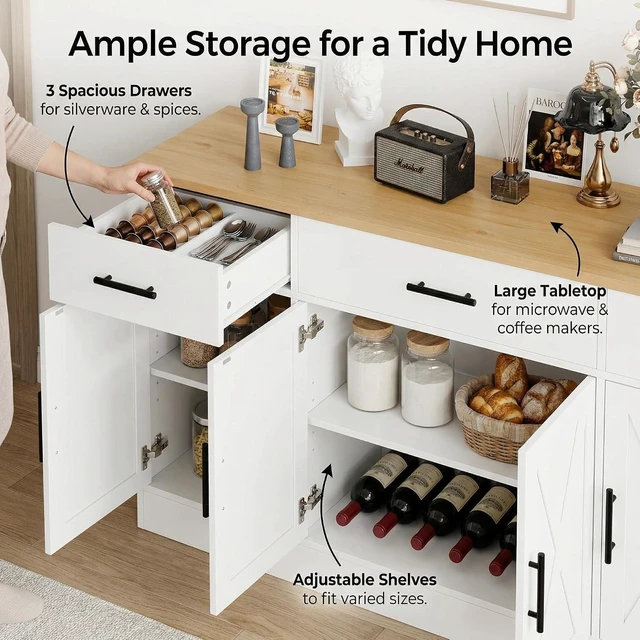 Alt view image 6 of 7 - Coffee Bar Cabinet with Storage, Farmhouse Buffet Cabinet with 4 Doors & Adjustable Shelves, Kitchen Sideboard Cabinet for Coffee Station, Dining Room, Living Room & Home, White