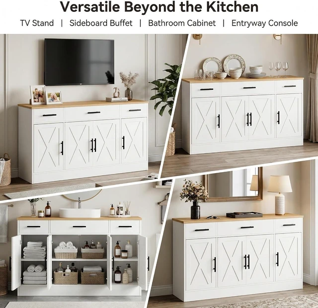 Alt view image 7 of 7 - Coffee Bar Cabinet with Storage, Farmhouse Buffet Cabinet with 4 Doors & Adjustable Shelves, Kitchen Sideboard Cabinet for Coffee Station, Dining Room, Living Room & Home, White