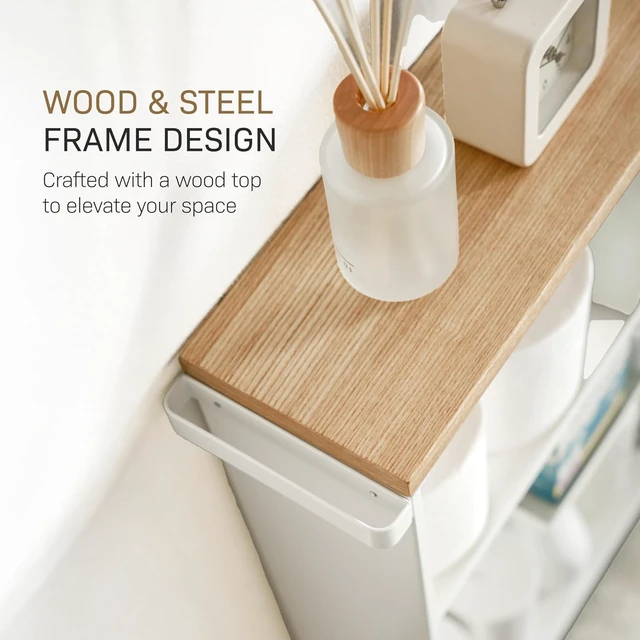 Alt view image 7 of 7 - Home Slim Rolling Storage Cart Narrow Bathroom Storage Cabinet With Handle, Slim Bathroom Storage Cart With Wheels, Easy Assembly, Steel + Wood, White, 27" - Steel -
