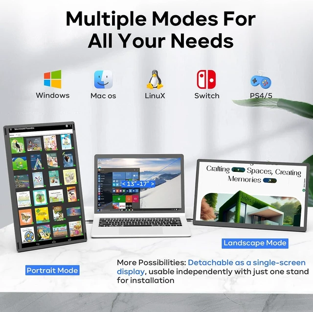 Alt view image 5 of 7 - 15.6" 1080P FHD Laptop Screen Extender 235° Rotation Detachable Dual Monitor, Plug & Play Triple Screen for 13"-17.3" Laptops, Mac/Windows/Android/Dex