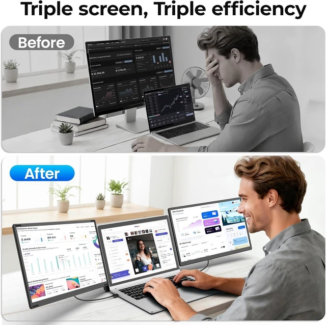 Alt view image 7 of 7 - 15.6" 1080P FHD Laptop Screen Extender 235° Rotation Detachable Dual Monitor, Plug & Play Triple Screen for 13"-17.3" Laptops, Mac/Windows/Android/Dex
