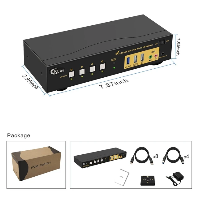 Alt view image 6 of 6 - Quad Monitor Displayport KVM Switch MST, 2 DP in 4 DP Out, 4K60Hz 2K@144Hz 2 Computers 4 Monitors Switcher with Cables, Audio, Microphone and USB 3.0 Hub Supports Hot Key Switching