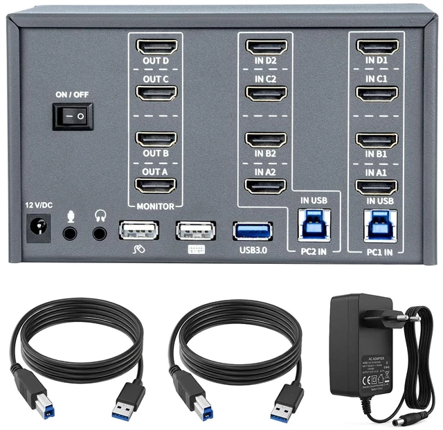 Main image of KVM Switch 4 Monitors 2 Computers, HDMI 4K@60Hz KVM Switch with USB3.0, 2 Computers Share One Set of Keyboard, Mouse and Monitors, Supports Windows/Mac/Linux
