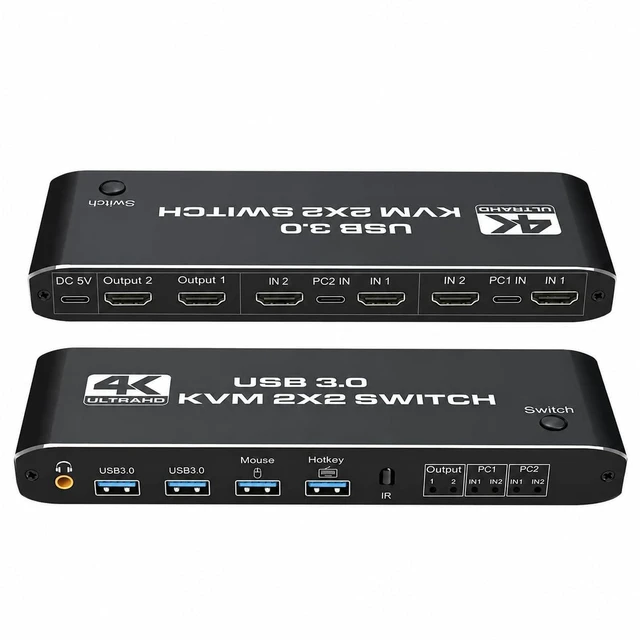 Main image of 4K@60Hz KVM Switch 2 Monitors 2 Computers, HDMI 2.0 Dual Monitor KVM Switch, USB 3.0, USB-C, L/R Audio, 1080P@144Hz, HDCP 2.2, for PC Laptop PS4 Xbox, Keyboard Mouse Sharing
