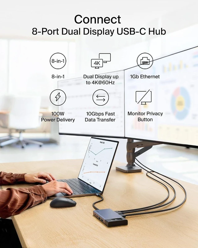 Alt view image 2 of 7 - Belkin USB-C Hub 8-in-1 Dual 4K60Hz Display 100W for Windows