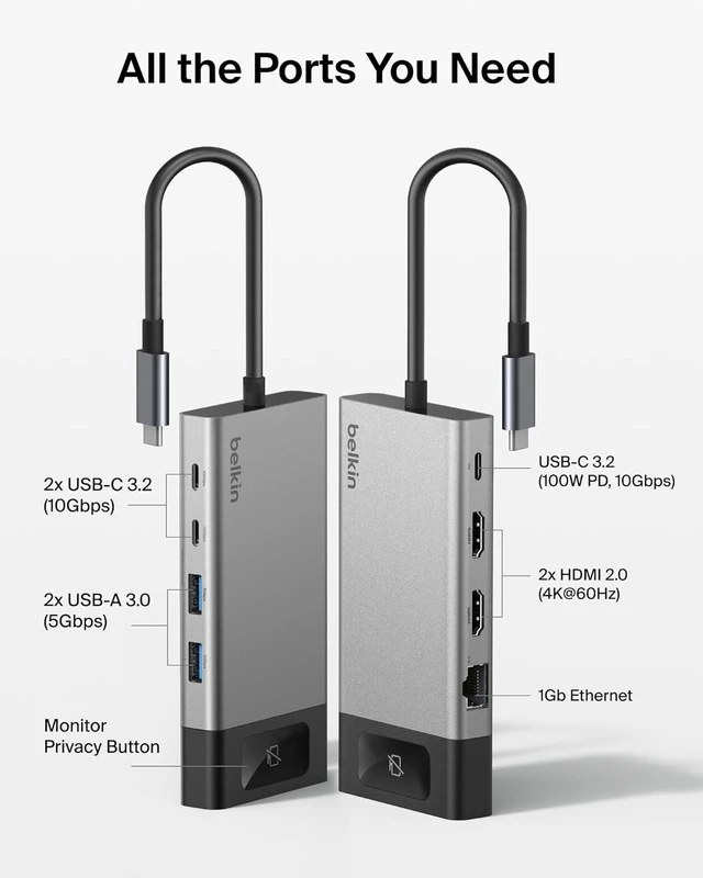 Alt view image 3 of 7 - Belkin USB-C Hub 8-in-1 Dual 4K60Hz Display 100W for Windows