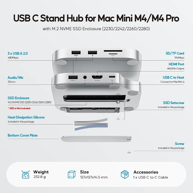 Alt view image 2 of 7 - Mac mini M6, M5 Pro, M4/ M4 Pro Hub & Dock with HDMI 4K & 8TB M.2 SSD Case