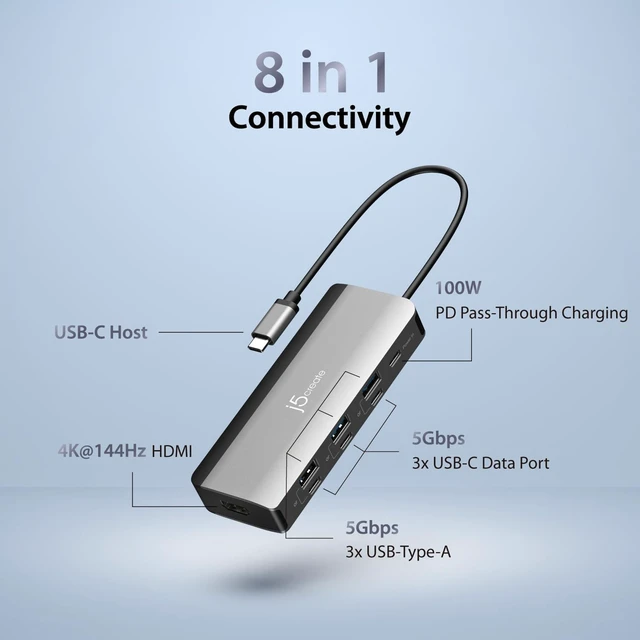 Alt view image 2 of 7 - j5create USB-C Hub 4K@144Hz HDMI with 100W Fast Charge and Flexible Ports