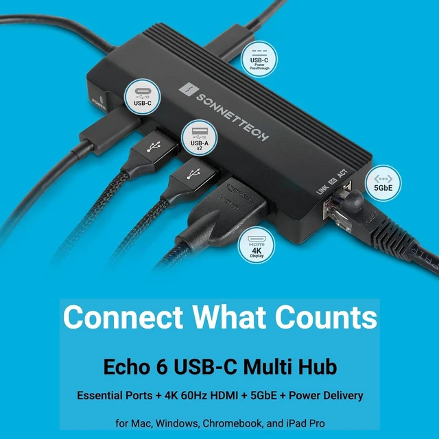 Alt view image 2 of 7 - Sonnet Echo 6 USB-C Hub 5GbE 4K HDMI 85W Charging 10Gbps USB Thunderbolt