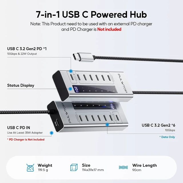 Alt view image 2 of 7 - Powered USB C Hub, 7 in 1 USB C Hub Support Data 10Gbps & Charging