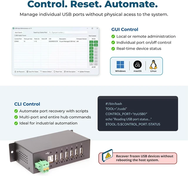 Alt view image 3 of 5 - Coolgear 6 Port Managed USB 2.0 Hub with DIN-Rail Mount, Individual Port Control, and Surge Protection