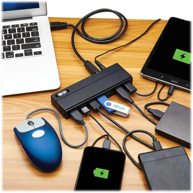 Alt view image 2 of 5 - Tripp Lite 7-Port USB-A Mini Hub - USB 3.2 Gen 1, Up to 5 Gigabits per Second, Plug-and-Play No Software Needed, International Plug Adapters for UK, EU, & Australia - 1-Year Warranty (U360-007-INT)