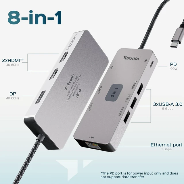 Alt view image 2 of 7 - Turonic BYL-2401 Universal Docking Station 8-in-1 USB-C Hub, 100W PD