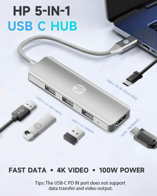 Alt view image 2 of 7 - HP USB C Docking Station - 5-in-1 Multi-Port USB C Hub with 4K HDMI, 100W Power Delivery, for Laptops, MacBook, iPad, Thinkpad and More, Silver