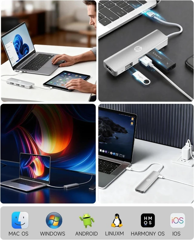 Alt view image 7 of 7 - HP USB C Docking Station - 5-in-1 Multi-Port USB C Hub with 4K HDMI, 100W Power Delivery, for Laptops, MacBook, iPad, Thinkpad and More, Silver
