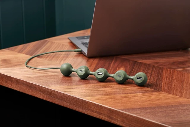 Alt view image 3 of 7 - LEXON PEAS HUB 2 4-Way HUB 2 USB and 2 USB-C Smartphones Simultaneously Charges Copper Inner Cable LD143K Khaki