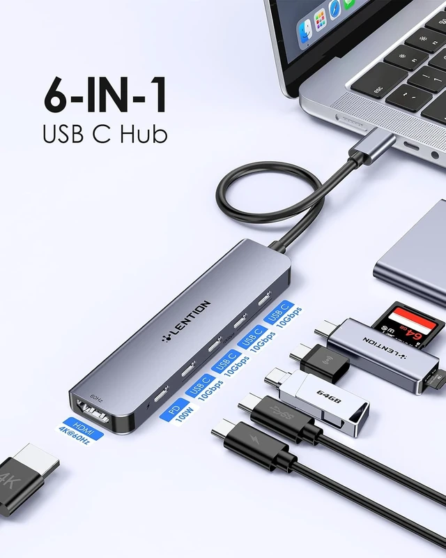 Alt view image 2 of 7 - LENTION 6-in-1 USB C Hub with a 4K @60HZ HDMI Port, 4 USB-C Ports (USB 3.2 Gen 2, 10 Gbps), PD 100W Charging and for iPhone15 Series, New MacBook Pro, Mac Air, More (CE33, Space Gray)
