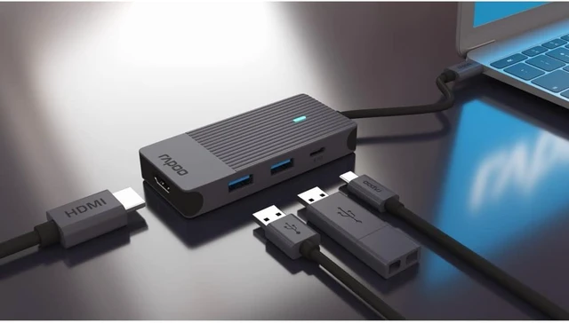 Alt view image 5 of 6 - Rapoo UCM-2001 USB-C Multiport Adapter 4-in-1, 100W Power Delievery, 4K HDMI, 2 USB-A 3.0 Data Ports, Compatible with MacBook Pro, MacBook Air, iPad Air/Pro, Surface Pro/Go, Laptop