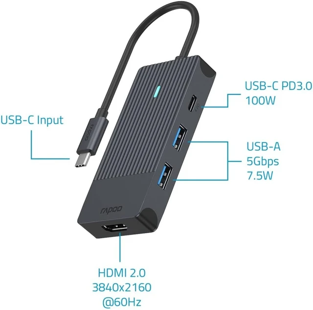 Alt view image 6 of 6 - Rapoo UCM-2001 USB-C Multiport Adapter 4-in-1, 100W Power Delievery, 4K HDMI, 2 USB-A 3.0 Data Ports, Compatible with MacBook Pro, MacBook Air, iPad Air/Pro, Surface Pro/Go, Laptop