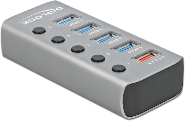 Alt view image 2 of 4 - Delock USB 3.0 Hub 4 Port + 1 Fast Charging Port Active with Power Supply, LED Lighting & Single Switch On/Off, 80 cm Cable Length, Grey, 63262