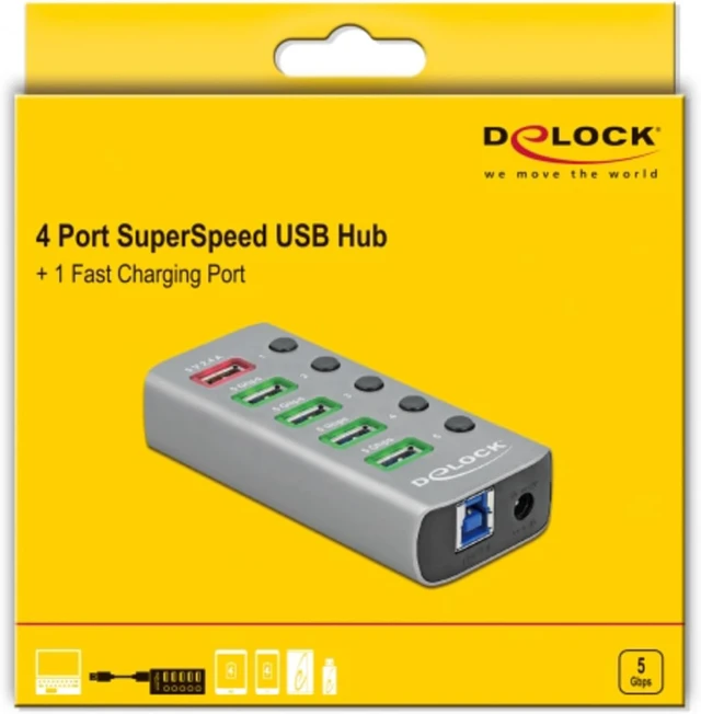Alt view image 4 of 4 - Delock USB 3.0 Hub 4 Port + 1 Fast Charging Port Active with Power Supply, LED Lighting & Single Switch On/Off, 80 cm Cable Length, Grey, 63262