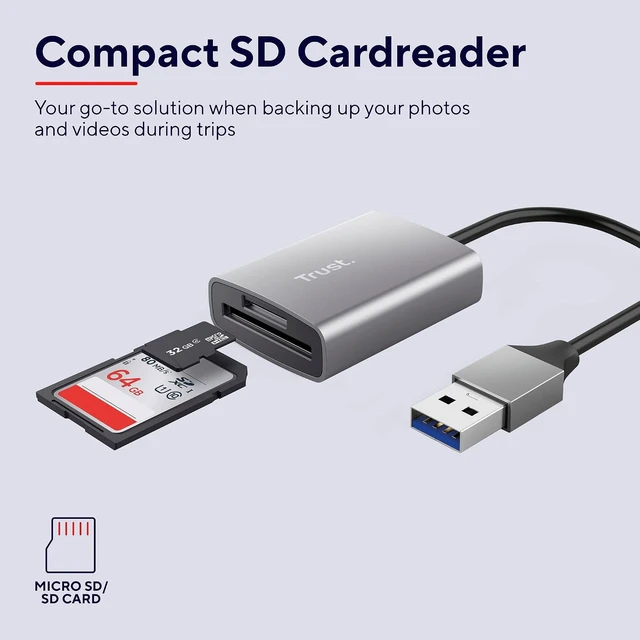 Alt view image 2 of 7 - Trust Dalyx Fast USB Cardreader, Fast USB 3.2 Gen 1 with USB-A Connector, 104 MB/s with Compatible UHS-I Cards, (Micro) SD, SDHC and SDXC up to 2 TB, MacBook, PC, Laptop, Chromebook