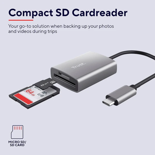 Alt view image 2 of 7 - Trust Dalyx Fast USB Cardreader, Fast USB 3.2 Gen 1 with USB-C Connector, 104 MB/s with Compatible UHS-I Cards, (Micro) SD, SDHC and SDXC up to 2 TB, MacBook, PC, Laptop, Chromebook