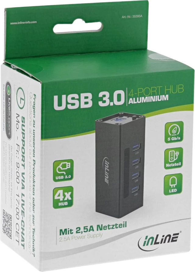 Alt view image 3 of 4 - InLine 35395A USB 3.0 Hub, 4 Port, Aluminium Housing, Black, with 2.5A Power Supply