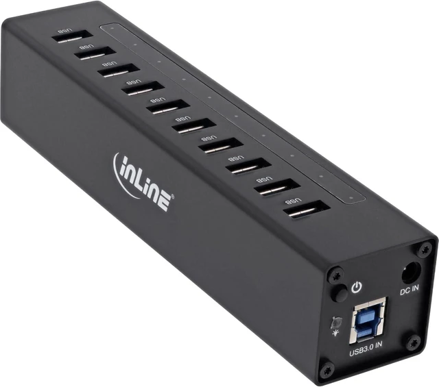 Alt view image 2 of 6 - InLine 35395C USB 3.0 Hub, 10 Port, Aluminium Housing, Black, with 4A Power Supply