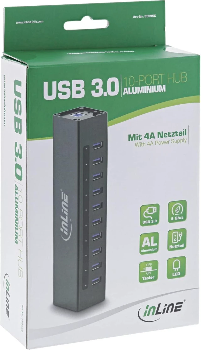 Alt view image 4 of 6 - InLine 35395C USB 3.0 Hub, 10 Port, Aluminium Housing, Black, with 4A Power Supply