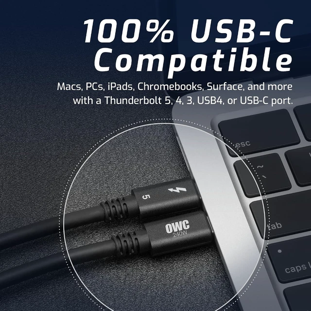 Alt view image 2 of 7 - OWC Thunderbolt 5 USB-C Cable 80Gb/s 240W 2.0M (78.7in)