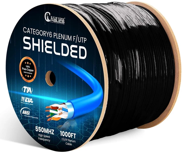 Main image of Cat6 Shielded Plenum Cable 1000FT, 100% Solid Bare Copper, F/UTP Foil Shielded Ethernet Cable, CMP Rated, 23AWG, 550MHz, 10Gbps, PoE++, Bulk Network Cable for Commercial, Enterprise & Data Center