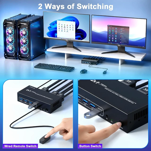 Alt view image 3 of 6 - KVM Switch Dual Monitor 2 Computers 2 Monitors, 4K@60Hz HDMI KVM Switch with 4 USB 3.0 Ports, Wired Controller, Extended Display, 2 Port KVM Switcher for Windows Mac Linux