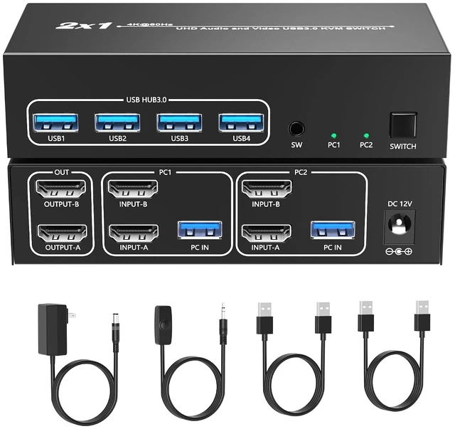 Main image of KVM Switch Dual Monitor 2 Computers 2 Monitors, 4K@60Hz HDMI KVM Switch with 4 USB 3.0 Ports, Wired Controller, Extended Display, 2 Port KVM Switcher for Windows Mac Linux